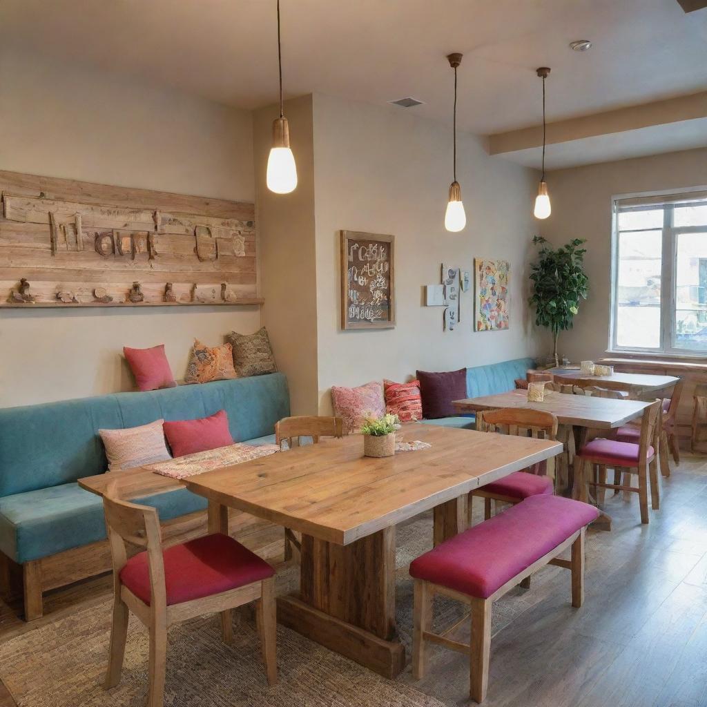 A cozy and delightful family corner in a restaurant featuring a large, wooden communal table, plush seating, an array of colorful, kid-friendly decors, a small play area, and perfectly lit surroundings evoking a warm and welcoming atmosphere.