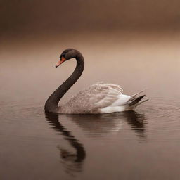 A graceful swan swimming in a shimmering lake of smooth, liquid chocolate