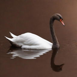 A graceful swan swimming in a shimmering lake of smooth, liquid chocolate