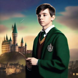 This is a high-quality digital art image featuring Asa Butterfield as a Hogwarts student