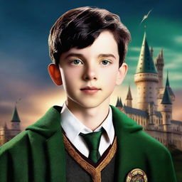 This is a high-quality digital art image featuring Asa Butterfield as a Hogwarts student