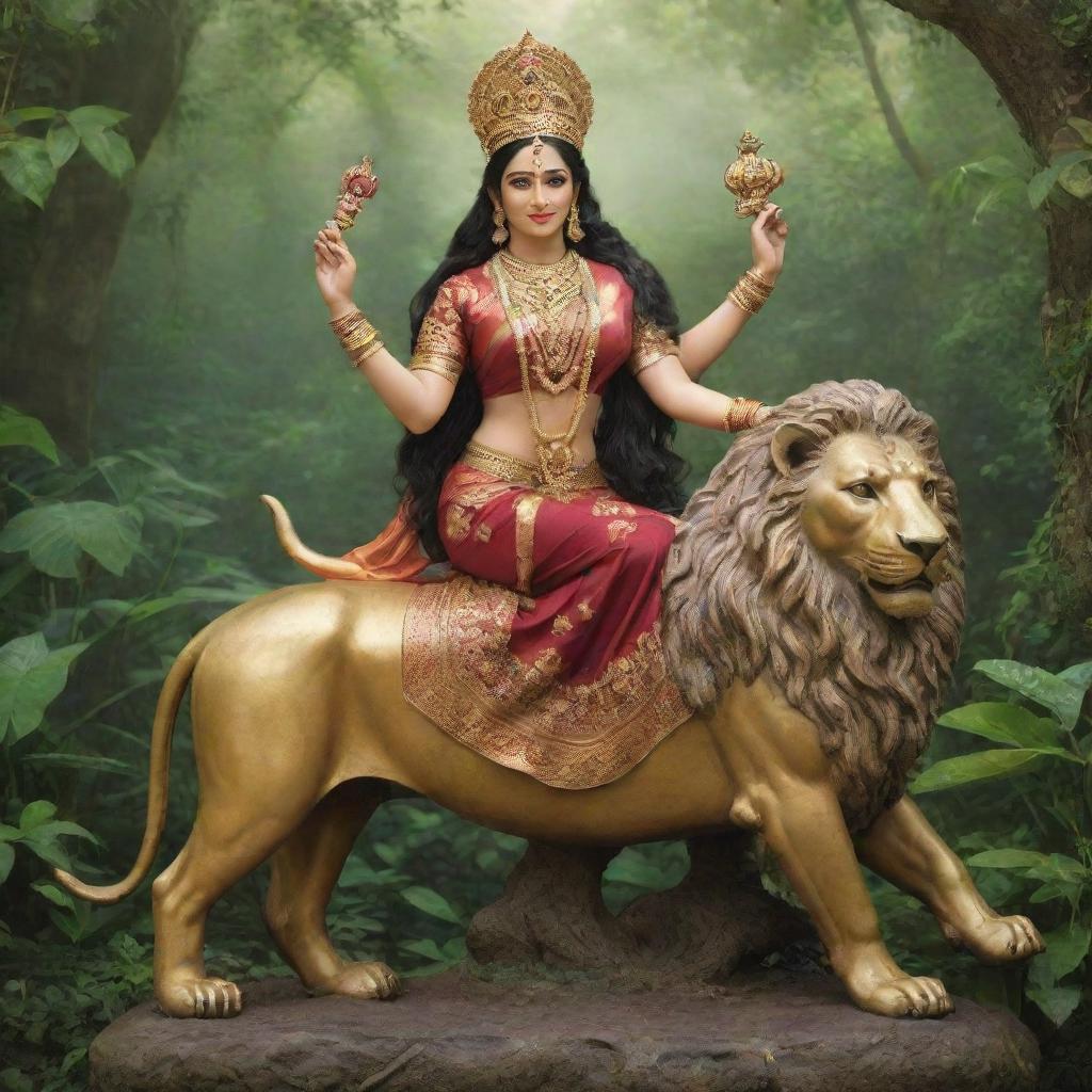 Goddess Lakshmi, elegantly poised whilst seated on a majestic lion, located in a serene forest enveloped with lush greenery.