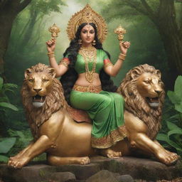 Goddess Lakshmi, elegantly poised whilst seated on a majestic lion, located in a serene forest enveloped with lush greenery.