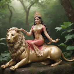 Goddess Lakshmi, elegantly poised whilst seated on a majestic lion, located in a serene forest enveloped with lush greenery.