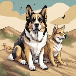 An exquisite digital art illustration shows a wolf Saint Bernard mix dog, a German shepherd dog, and a sand-colored cat alongside a road