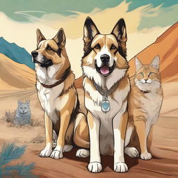 An exquisite digital art illustration shows a wolf Saint Bernard mix dog, a German shepherd dog, and a sand-colored cat alongside a road