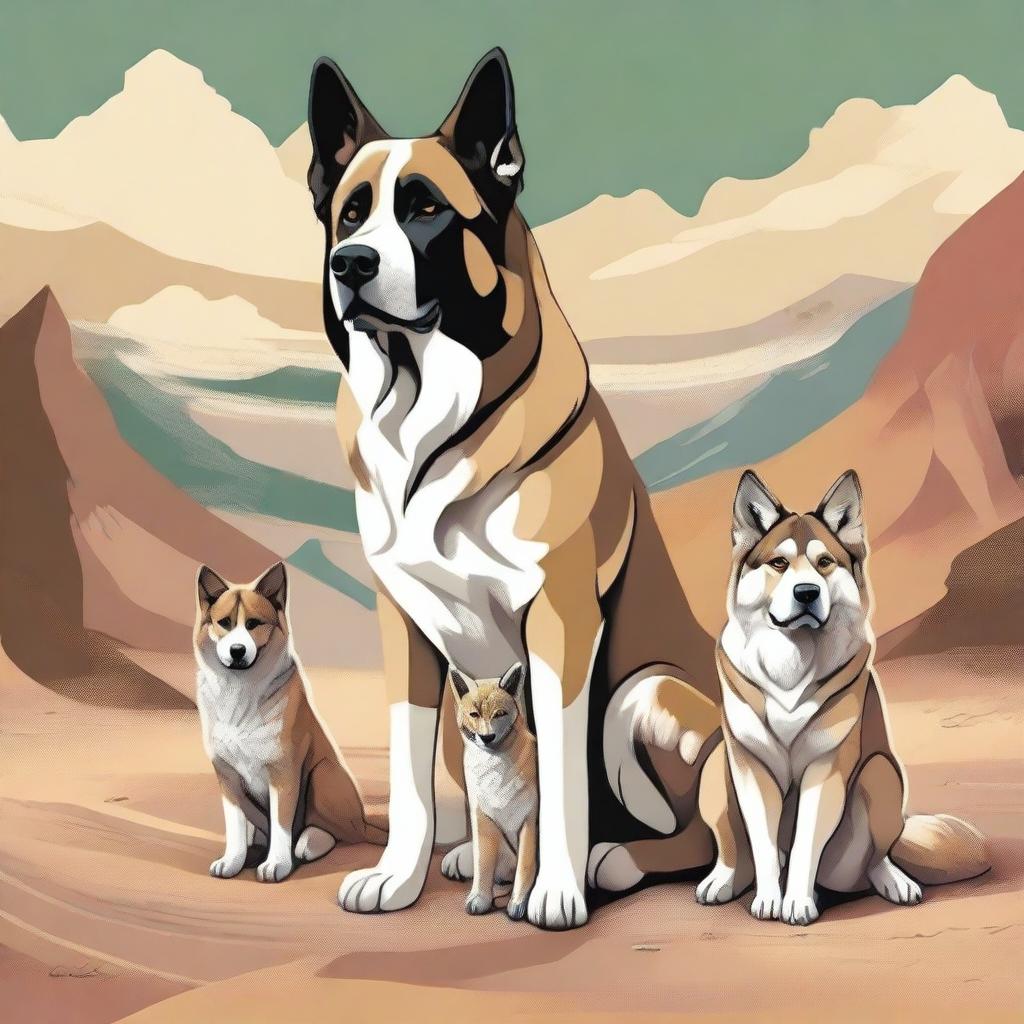 An exquisite digital art illustration shows a wolf Saint Bernard mix dog, a German shepherd dog, and a sand-colored cat alongside a road