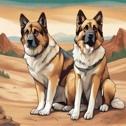 An exquisite digital art illustration shows a wolf Saint Bernard mix dog, a German shepherd dog, and a sand-colored cat alongside a road