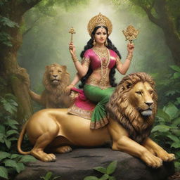 Goddess Lakshmi, elegantly poised whilst seated on a majestic lion, located in a serene forest enveloped with lush greenery.