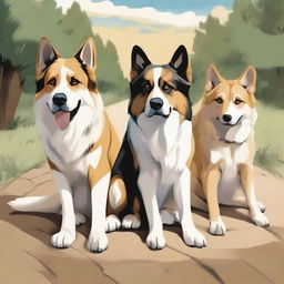 A vibrant digital art illustration presents a wolf Saint Bernard mix dog, a German shepherd dog, and a sand-colored cat alongside a road