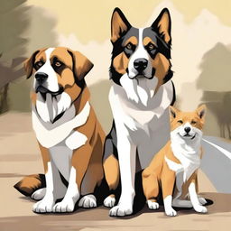 A vibrant digital art illustration presents a wolf Saint Bernard mix dog, a German shepherd dog, and a sand-colored cat alongside a road