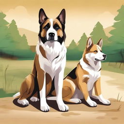 A vibrant digital art illustration presents a wolf Saint Bernard mix dog, a German shepherd dog, and a sand-colored cat alongside a road