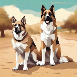 A vibrant digital art illustration presents a wolf Saint Bernard mix dog, a German shepherd dog, and a sand-colored cat alongside a road