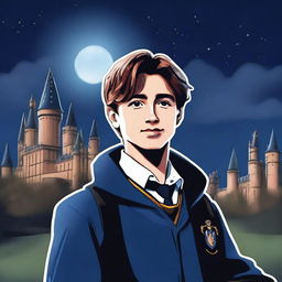 This is a high-quality digital art depiction of Harris Dickinson as a Hogwarts student