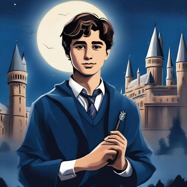 This is a high-quality digital art depiction of Harris Dickinson as a Hogwarts student