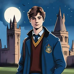 This is a high-quality digital art depiction of Harris Dickinson as a Hogwarts student