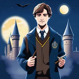 This is a high-quality digital art depiction of Harris Dickinson as a Hogwarts student