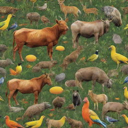 Genetically modified animals blending seamlessly with their natural counterparts in a vibrant, biodiverse ecosystem.