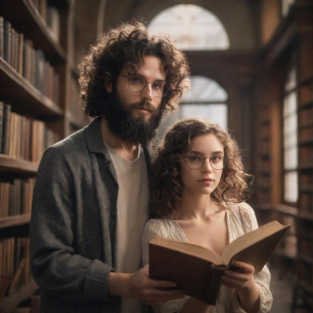 A grand fantasy library, filled with towering bookshelves and ethereal light. A curly-haired boy with a black beard and rimmed glasses engrossed in a book, and a stunning girl with smooth hair, engrossed in her own reading.