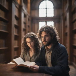 A grand fantasy library, filled with towering bookshelves and ethereal light. A curly-haired boy with a black beard and rimmed glasses engrossed in a book, and a stunning girl with smooth hair, engrossed in her own reading.