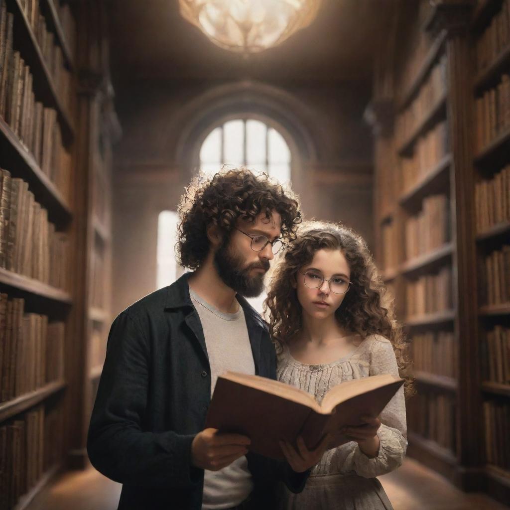 A grand fantasy library, filled with towering bookshelves and ethereal light. A curly-haired boy with a black beard and rimmed glasses engrossed in a book, and a stunning girl with smooth hair, engrossed in her own reading.