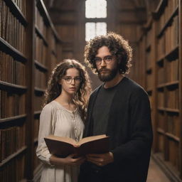 A grand fantasy library, filled with towering bookshelves and ethereal light. A curly-haired boy with a black beard and rimmed glasses engrossed in a book, and a stunning girl with smooth hair, engrossed in her own reading.