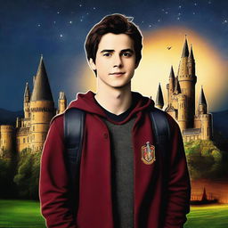 This is a high-quality digital art image featuring Dylan O'Brien as a Hogwarts student