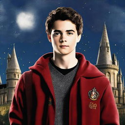 This is a high-quality digital art image featuring Dylan O'Brien as a Hogwarts student