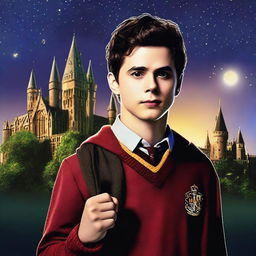 This is a high-quality digital art image featuring Dylan O'Brien as a Hogwarts student