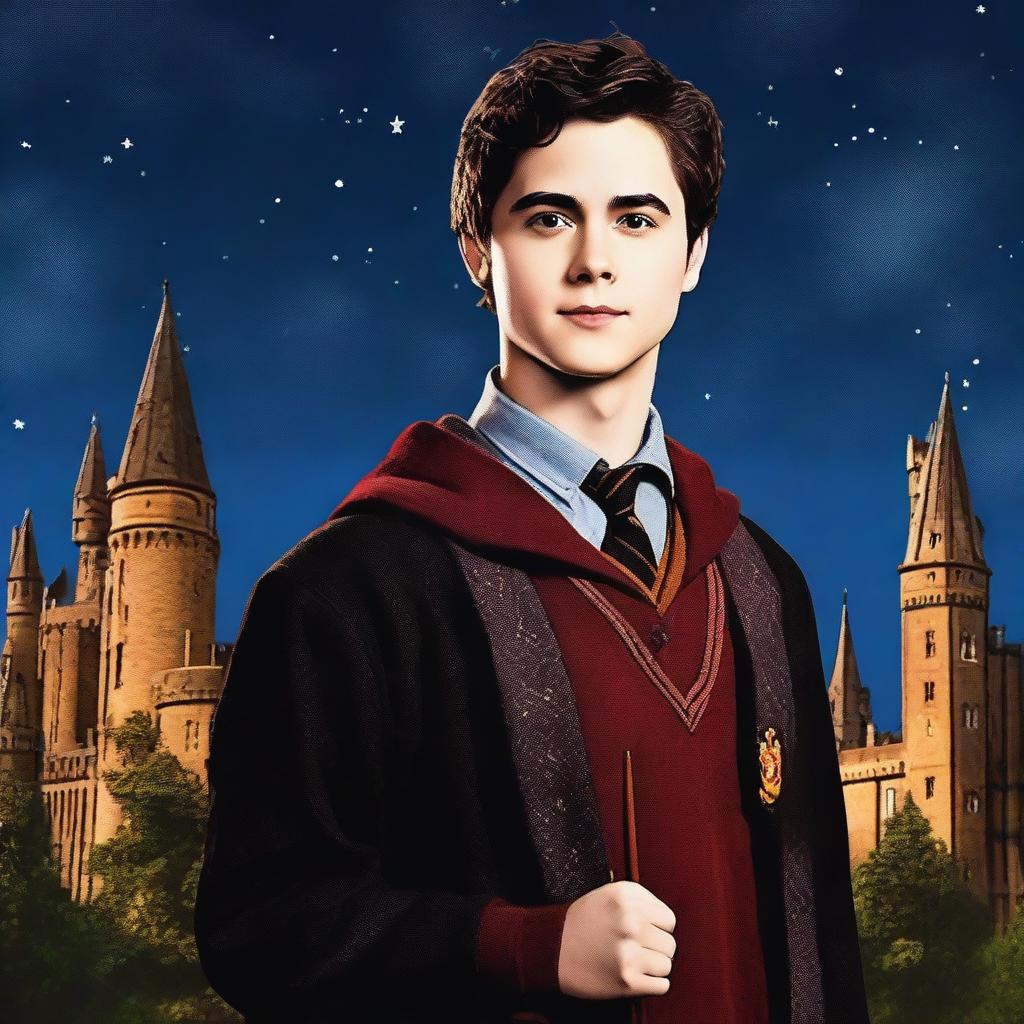 This is a high-quality digital art image featuring Dylan O'Brien as a Hogwarts student