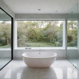 A serene bathroom landscape with hues of calming pastels, ornate modern fixtures, subtly reflective marble tiles and a grand-standing bathtub looking out over a serene view of nature through a large glass wall