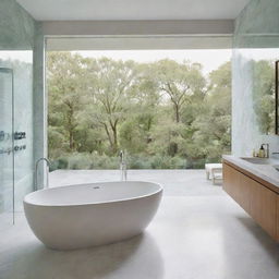 A serene bathroom landscape with hues of calming pastels, ornate modern fixtures, subtly reflective marble tiles and a grand-standing bathtub looking out over a serene view of nature through a large glass wall