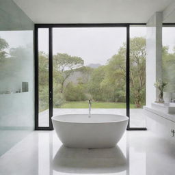 A serene bathroom landscape with hues of calming pastels, ornate modern fixtures, subtly reflective marble tiles and a grand-standing bathtub looking out over a serene view of nature through a large glass wall