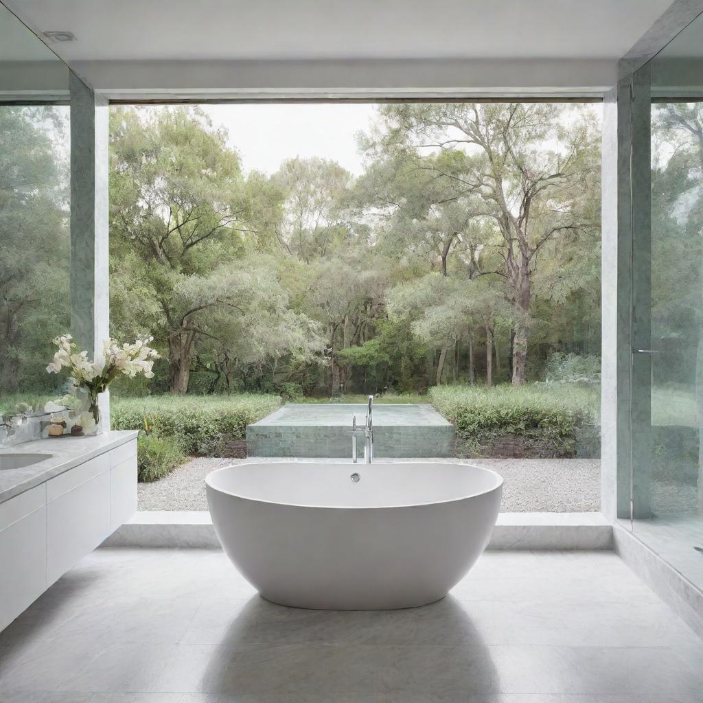 A serene bathroom landscape with hues of calming pastels, ornate modern fixtures, subtly reflective marble tiles and a grand-standing bathtub looking out over a serene view of nature through a large glass wall