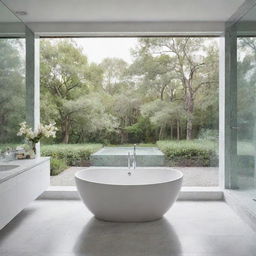 A serene bathroom landscape with hues of calming pastels, ornate modern fixtures, subtly reflective marble tiles and a grand-standing bathtub looking out over a serene view of nature through a large glass wall