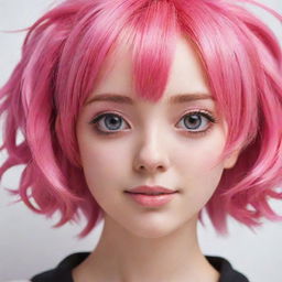 Anime girl character with vibrant pink hair, showcasing expressive eyes and a friendly demeanor.