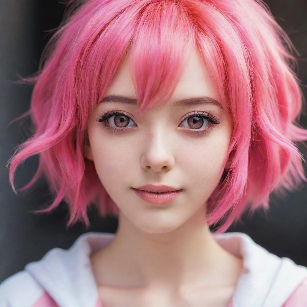 Anime girl character with vibrant pink hair, showcasing expressive eyes and a friendly demeanor.