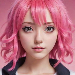 Anime girl character with vibrant pink hair, showcasing expressive eyes and a friendly demeanor.