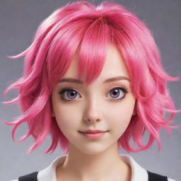 Anime girl character with vibrant pink hair, showcasing expressive eyes and a friendly demeanor.