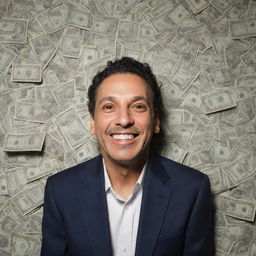 A portrait of Gustavo who is gleefully surrounded by a swirling vortex of million-dollar bills