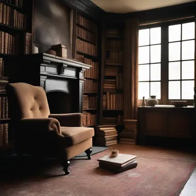 As he sat by the fireplace, surrounded by old books and a comfortable piece of furniture, he felt like a character in a classic piece of literature.