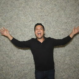 A portrait of Gustavo who is gleefully surrounded by a swirling vortex of million-dollar bills