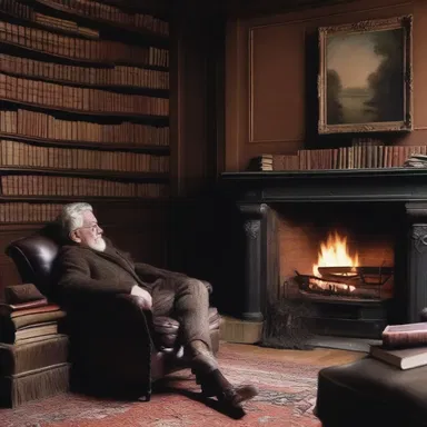 As he sat by the fireplace, surrounded by old books and a comfortable piece of furniture, he felt like a character in a classic piece of literature.