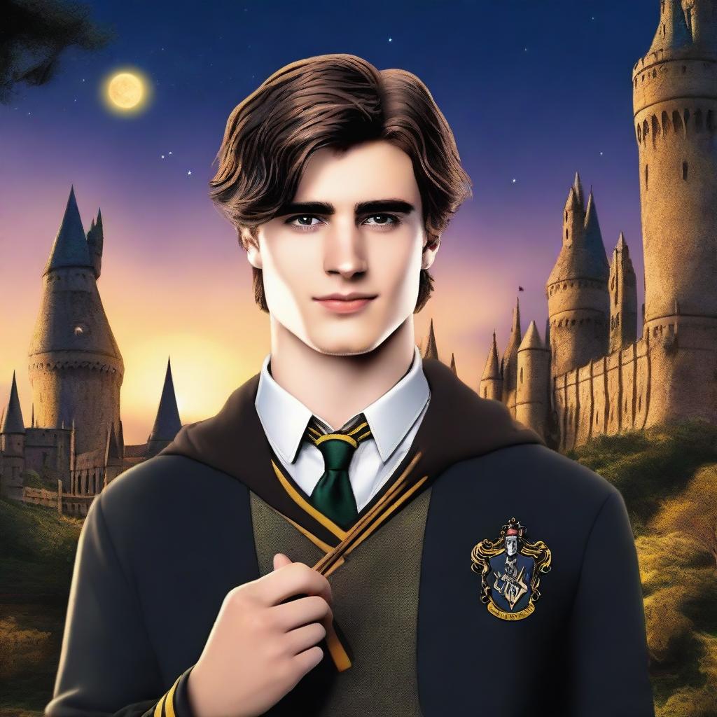 This is a high-quality digital art image showcasing Jacob Elordi as a Hogwarts student