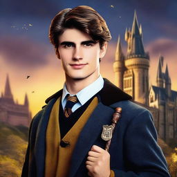 This is a high-quality digital art image showcasing Jacob Elordi as a Hogwarts student