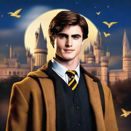 This is a high-quality digital art image showcasing Jacob Elordi as a Hogwarts student