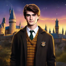 This is a high-quality digital art image showcasing Jacob Elordi as a Hogwarts student