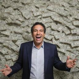 A portrait of Gustavo who is gleefully surrounded by a swirling vortex of million-dollar bills