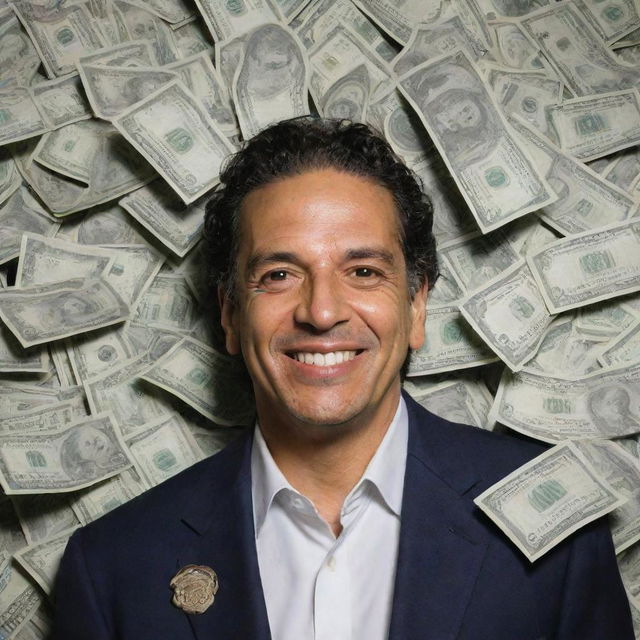 A portrait of Gustavo who is gleefully surrounded by a swirling vortex of million-dollar bills