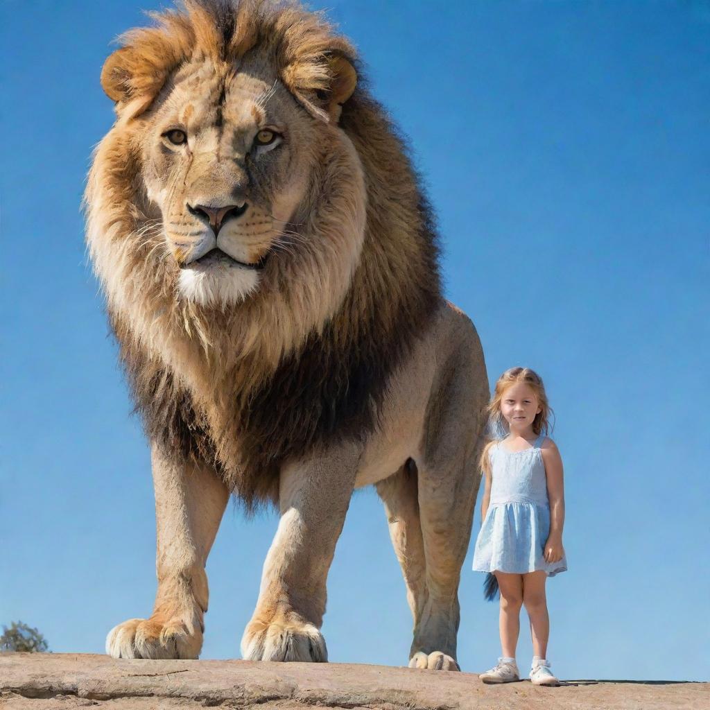 A brave little girl standing next to a majestic lion under a clear blue sky.